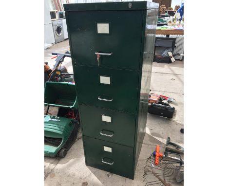 A VINTAGE GREEN METAL FOUR DRAWER FILING CABINET 