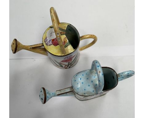 TWO SMALL ENAMEL WATERING CANS 