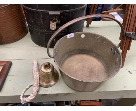 A BRASS JAM PAN AND A SHIPS BRASS BELL 