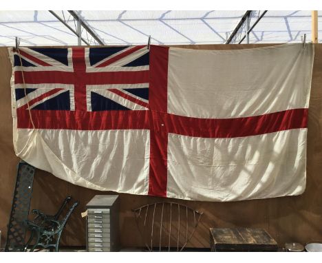 A VERY LARGE VINTAGE NAVAL FLAG APPROX 356CM X 176CM WITH ROPE AND BRASS CLASPS 