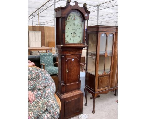 A MAHOGANY CASED GRANDFATHER CLOCK WITH PAINTED DIAL AND INLAID DESIGN 