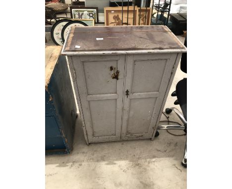 A VINTAGE PAINTED PINE CUPBOARD WITH TWO DOORS 