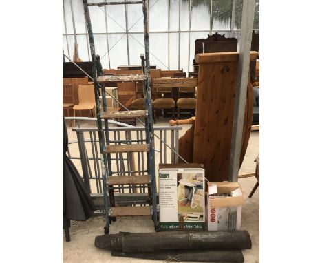 A METAL STEP LADDER WITH FIVE WOODEN RUNGS, TWO ROLLS OF ROOFING FELT, A MINI TABLE AND A HEATER IN WORKING ORDER 
