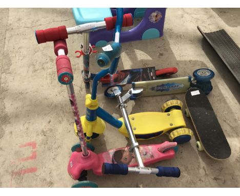 FOUR SCOOTERS - DISNEY, SPIDERMAN, COSMIC LIGHT ETC AND A SMALL SKATE BOARD 