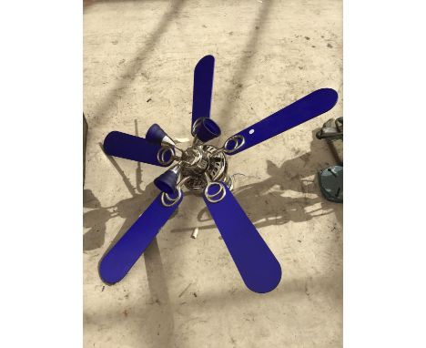 A BLUE AND CHROME CEILING FAN/LIGHT 
