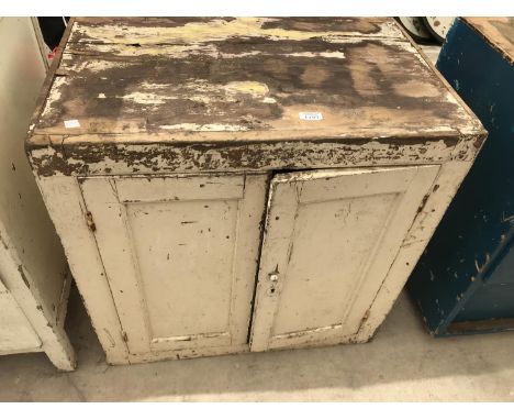 A VINTAGE PAINTED PINE CUPBOARD WITH TWO DOORS 