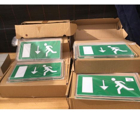 SIX ILLUMINATED EXIT SIGNS (ONE MISSING GREEN FACE PANEL) 