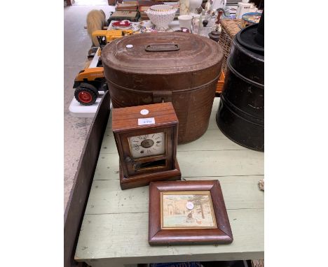 THREE ITEMS TO INCLUDE SMALL FRAMED PRINT, WOODEN MANTLE CLOCK AND A VINTAGE METAL HAT TIN 