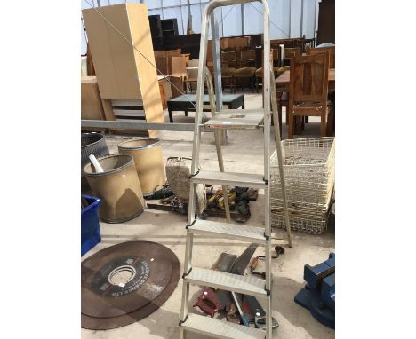 A SET OF FOUR STEP ALUMINIUM STEP LADDERS AND VARIOUS TOOLS TO INCLUDE SAWS, DRILL AND A SET OF DRAINING RODS 
