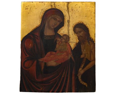 Cretan school; 17th century."Virgin of the Milk and Saint John.Gilt tempera on panel. Engatillada.It presents repainting and 