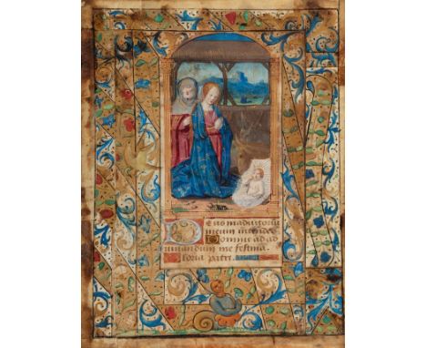 French School: 15th century."The Virgin and Child in the Manger".Watercolour on parchment.It has humidities that have caused 