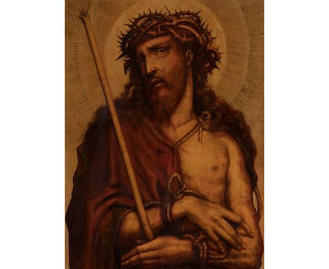 Flemish school; mid-17th century."Ecce homo".Oil on oak panel. Engatillada.It has repainting and remains of old damage caused