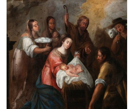 Andalusian school of the second half of the 17th century."The Adoration of the Shepherds".Oil on canvas. Re-coloured.With rep