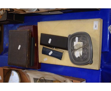 Various cased cutlery, pens and other items