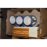 Box of glass sundae dishes, boxed porcelain tea set and other items