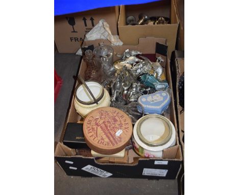 Box of various animal models, glass wares, Wedgwood jasperware trinket box, Poole dolphin etc