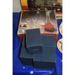 Grouped lot of various boxed glass wares to include a decanter and wine glasses set