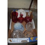 Cranberry glass jugs, further glass ware, Copenhagen dish etc