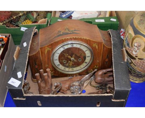 Early 20th century century mantel clock in chinoiserie case together with selection of various animal ornaments