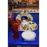 Various ceramics, ruby glass vase etc