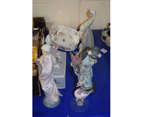 Lladro figurines, glass model swans, Aynsley tea tray etc