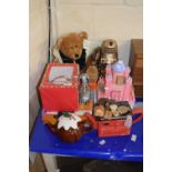 Harrods 2001 teddy bear, Me to You boxed Christmas bear, novelty tea pot, modern plastic Dalek and