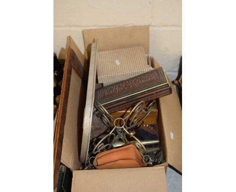 Box of house clearance items to include silver plated epergne, costume jewellery, serving tray