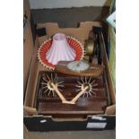 Box of vintage mantel clocks and other items