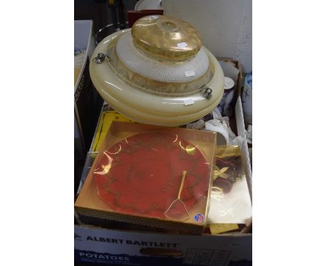 Box of light fittings, ceramic mugs, commemorative wares etc