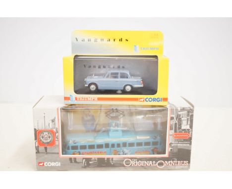 Corgi triumph Harold Ballon Wedgwood blue scale model boxed vehicle together with a Corgi Blackpool tram 