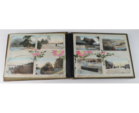 Japan postcards in original lacquer album (lost spine), useful ethnic, views, etc  noted Tram Car Station Takaradzka (approx 