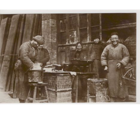 China RP postcard, "Selling Food on Street" showing close-up of street food sellers, franked British stamp with British Army 