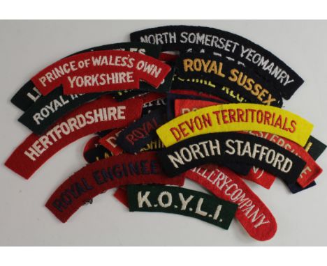 Cloth Shoulder Title Badges: British Army WW2 and later embroidered felt  shoulder title badges all in excellent condition.  