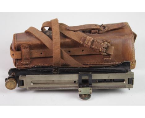 Military Measuring tool marked 'UiC B.3778 Mark IV' with W/D arrow stamp, with matching leather case marked 'Timbers 1940 Mk 
