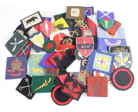 Cloth Formation Sign Badges: British Army WW2 embroidered felt and printed cloth formation sign badges in excellent condition