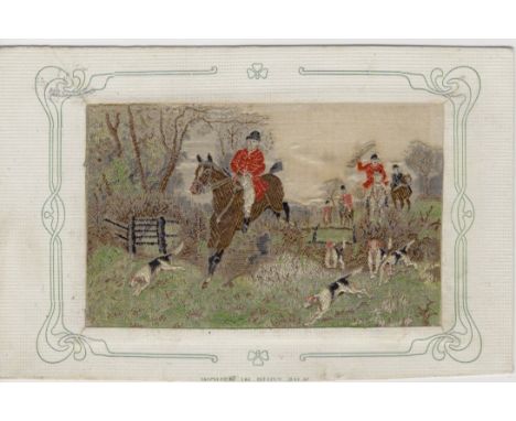 Woven Silk postcard - hunting with hounds, by Grant, postally used from Malvern 1911.