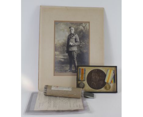 BWM &amp; Victory medals memorial plaque scroll, large portrait photo, casualty letter, death certificate ,grave photo etc., 