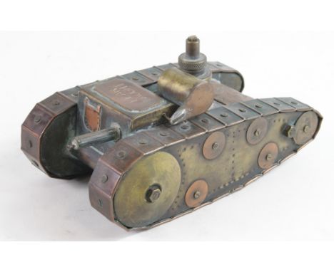 Tank Corps Trench Art: A fine trench art model of a WW1 'F' Bn Tank 'Fearnaught'. Large heavy model made of copper &amp; bras