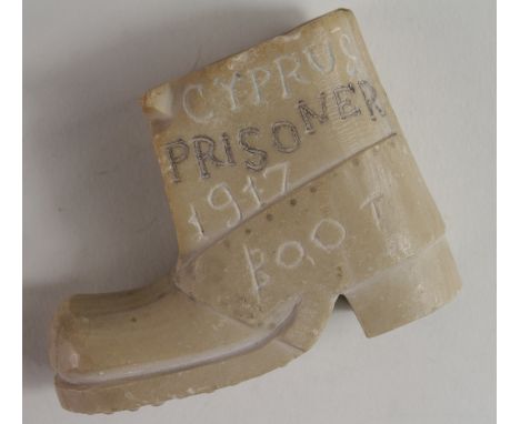 Turkish WW1 Prisoner of War carved stone boot inscribed "Cyprus prisoners 1917 boot". Has an insert silver Turkish coin - ver