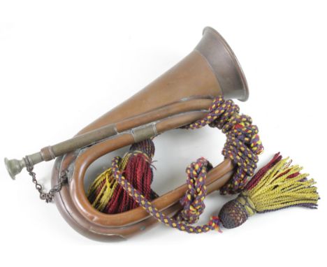 Bugle maker marked '1915 J.W.York &amp; Sons Craid Rapids Michigan USA'. 