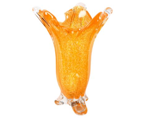 A large vintage Murano glass tri-form vase, with orange flecked heavy walls, height 40.5cmGood condition, no chips or cracks 