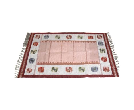 A Swedish Flatweave rug, geometric polychrome design, pink and brown centre, 190 x 122cmSome change in colour of wool from ma