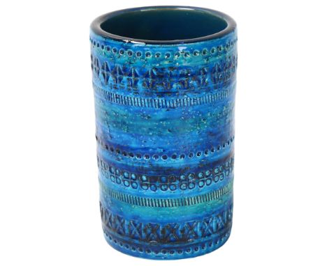 Aldo Londi for Bitossi, Italy, a ceramic cylinder vase in Rimini Blue with incised decoration, numbered and Italy on base, he