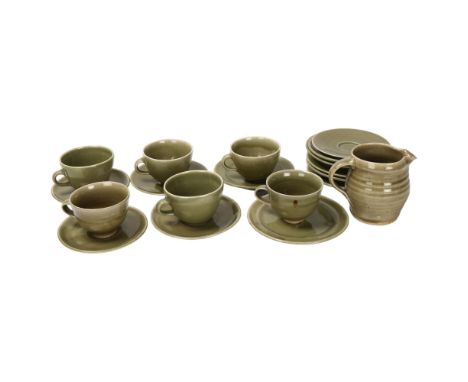 St Ives pottery studio pottery, a set of 6 trio cup, saucer, side plate - Leach standard ware and jug, all with pottery mark,