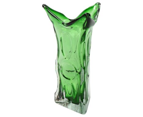 A vintage Murano glass tri-form green glass vase, height 29cmGood condition, no chips, cracks or restoration 