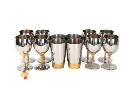 Stuart Devlin for Viners, a set of 8 Devlin Collection stainless steel wine goblets with textured stem, together with 4 beake