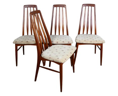 Niels Koefoeds for Koefoed Hornslet, a set of 1960s' "Eva" dining chairs, with cloth upholstery seats, makers stamp to frame,