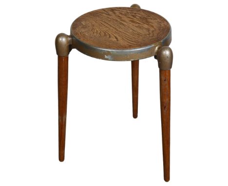 Gerald Summers, a mid-century 3 legged stool with oak veneered cast metal seat, with maker’s marks, height 46cm (option to bu