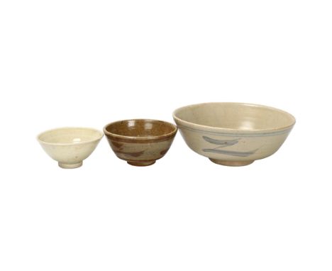 3 St Ives/Leach studio pottery bowls, 2 stoeware "Z" bowls and one other porcelain bowl, all with St Ives pottery stamp, larg