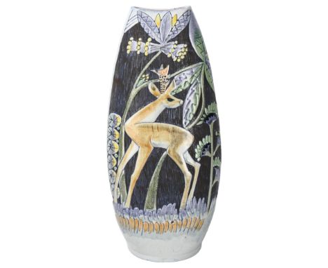 Marian Zawadzki for Tilgmans, Gothenberg, Sweden, a ceramic floor standing vase with deer in forest, height 37cmGood conditio